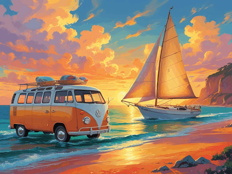 Couverture Van et voilier au coucher de soleil