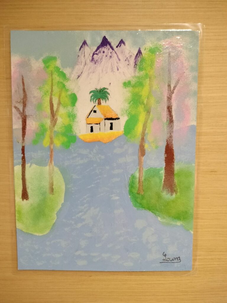 Peinture maison montagne et arbre