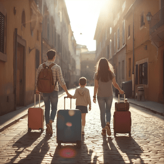 Famille prête à partir en voyage avec ses valises – assurance voyage famille