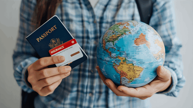 Globe terrestre avec passeport et carte d’assurance voyage – sécurité à l’étranger