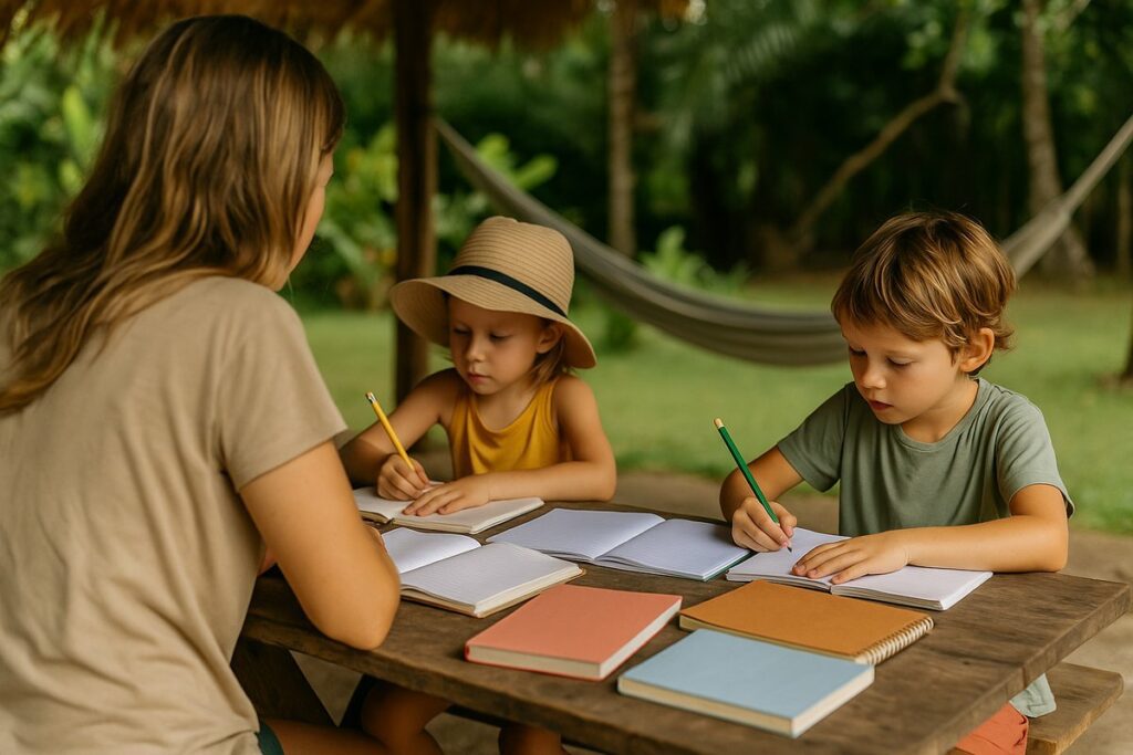 maman qui fait l'école aux enfants en voyage dans une famille nomade