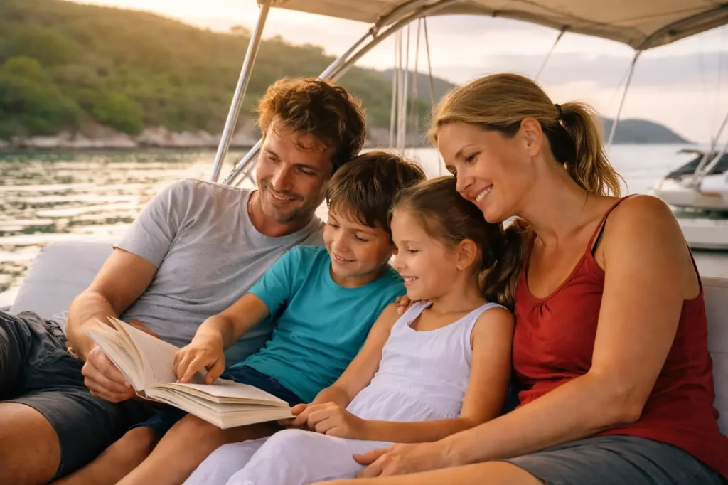 Famille vivant une année sabbatique en bateau, moment de partage avec les enfants