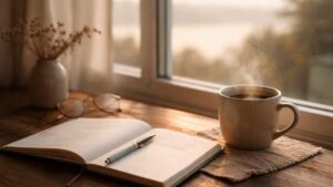 Carnet ouvert et tasse de café près d’une fenêtre, moment de réflexion en janvier