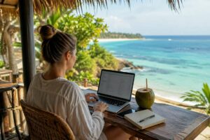 chômage et voyage de plus de 3 mois -travailler en voyage avec ordinateur vue mer