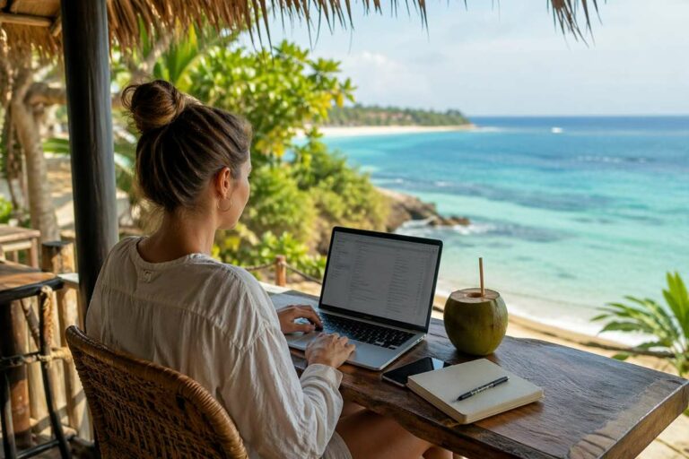 chômage et voyage de plus de 3 mois -travailler en voyage avec ordinateur vue mer