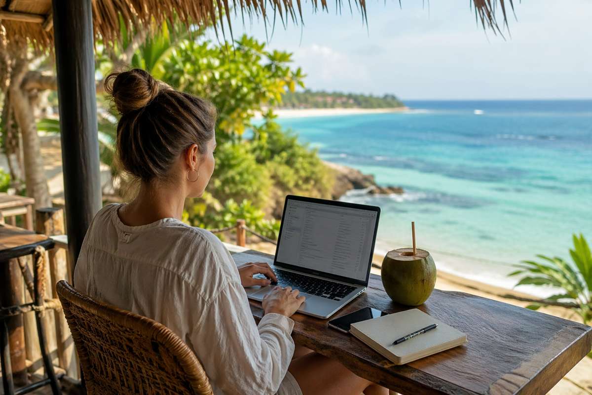 chômage et voyage de plus de 3 mois -travailler en voyage avec ordinateur vue mer