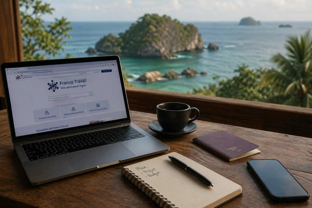 travailler à distance en voyage avec ordinateur vue mer