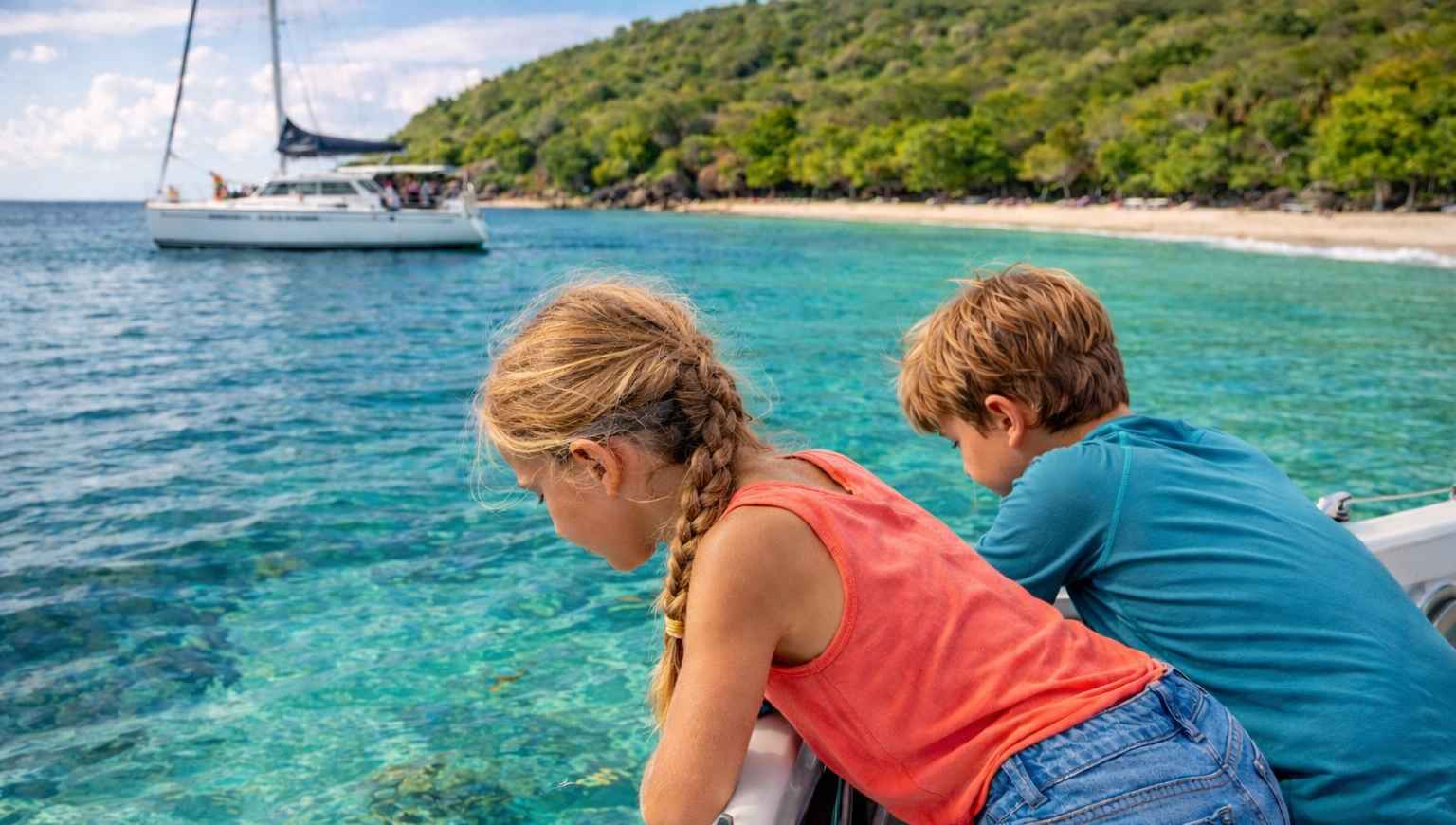 enfants qui observent la mer turquoise et qui apprennent en voyage