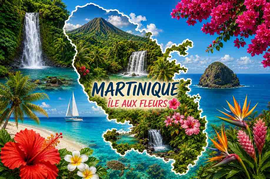 Carte de la martinique avec ses cascades et ses fleurs.